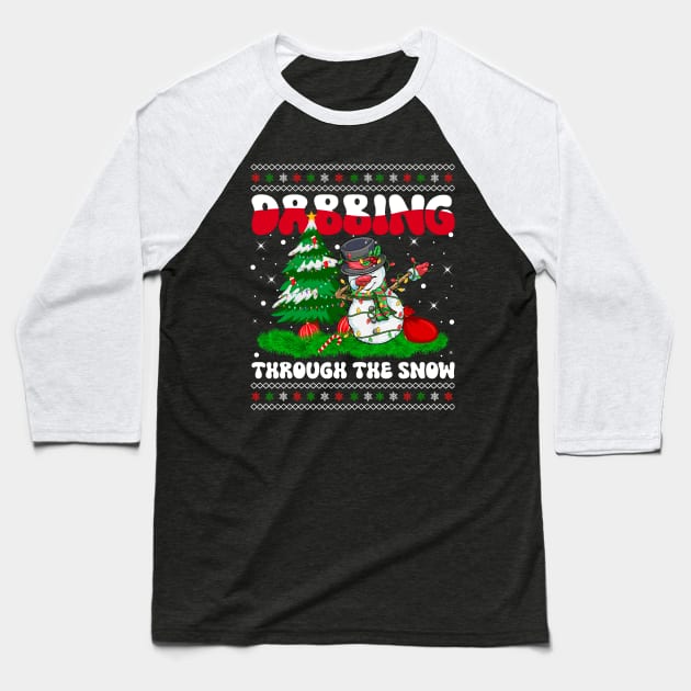 Dabbing Through The Snow Snowman Dab Dance Christmas Lights Baseball T-Shirt by wonderws